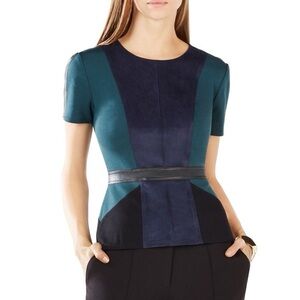 BCBGMaxAzria Women’s Faux Leather: Suede Teal Navy Colorblock Blouse Medium